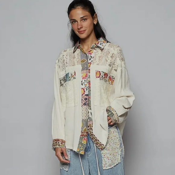 POL Tops - 🔒POL Ivory Multi Lace Bohemian Patchwork Lace Blouse